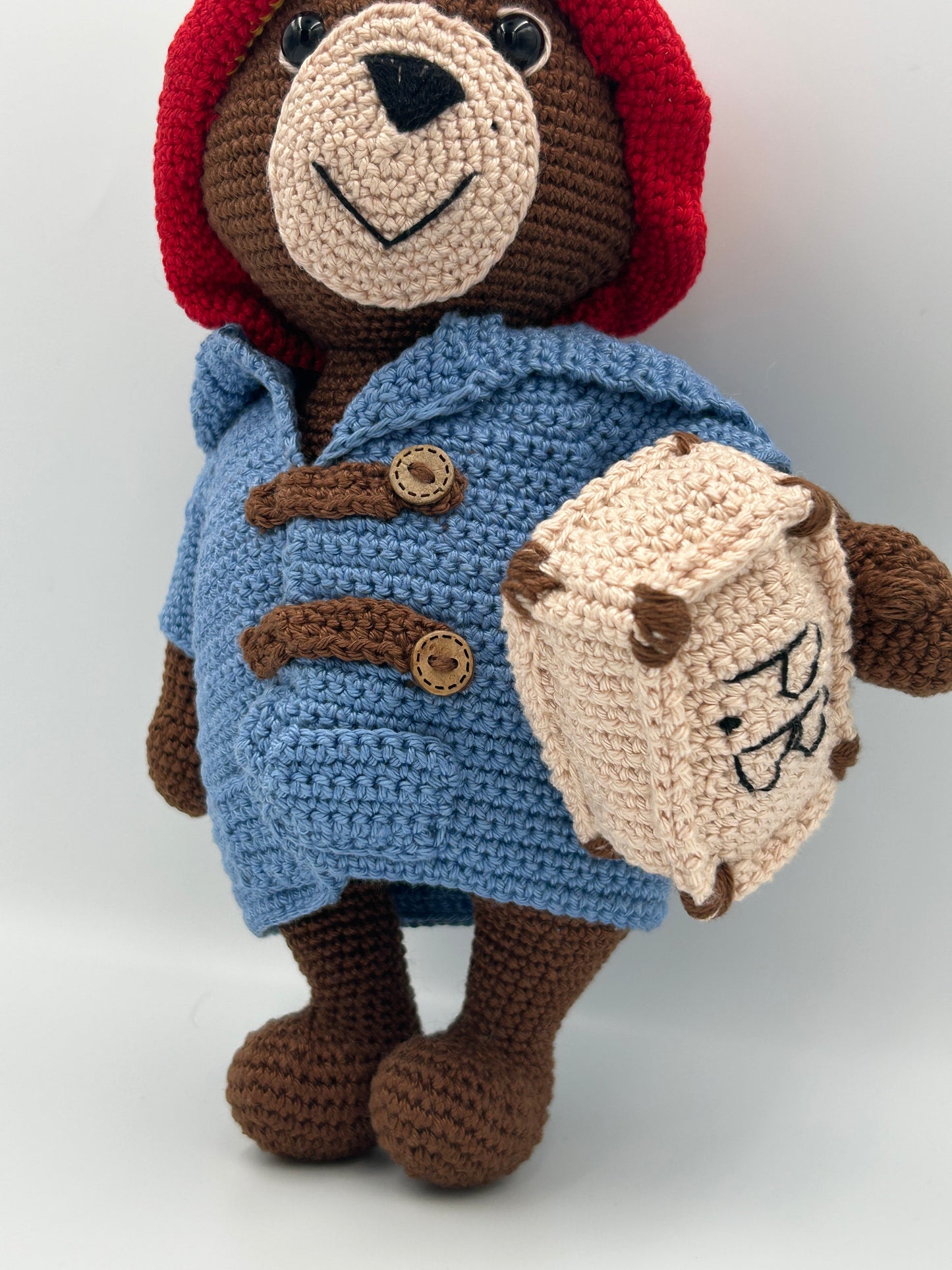 Handmade Crochet Paddington Bear – Iconic Collectible Plush Toy with Duffle Coat and Red Hat