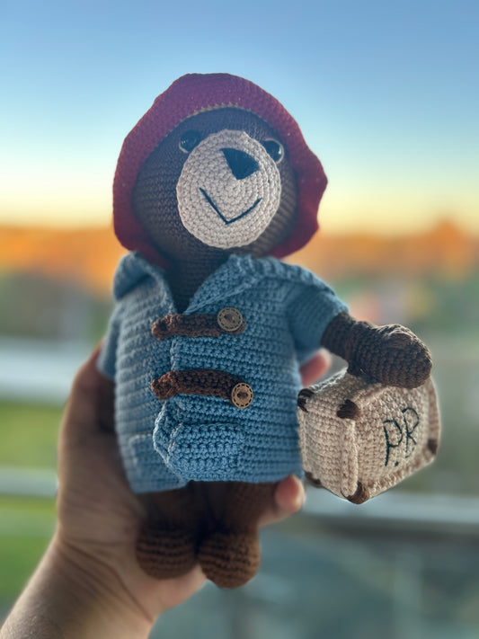Handmade Crochet Paddington Bear – Iconic Collectible Plush Toy with Duffle Coat and Red Hat