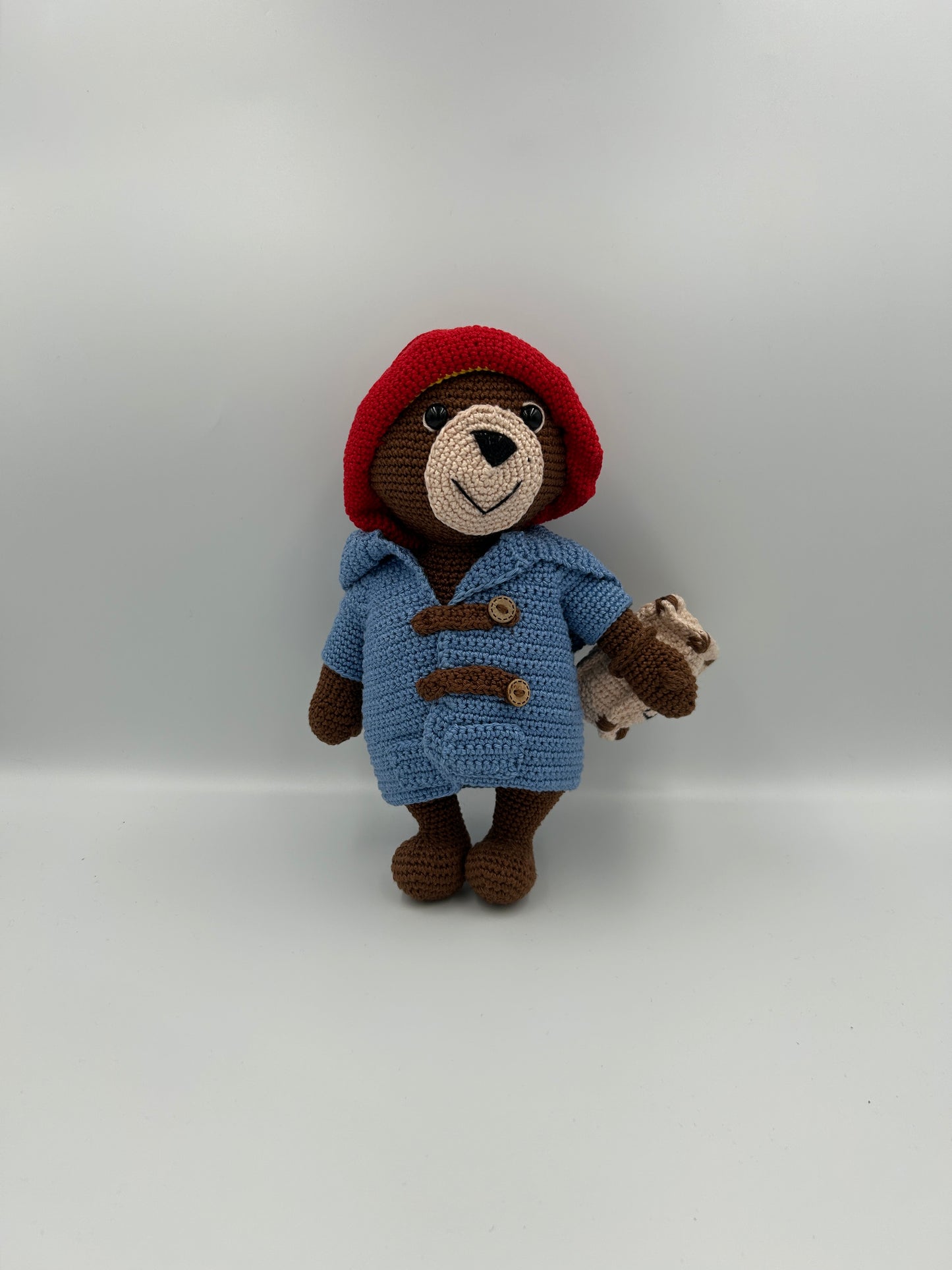 Handmade Crochet Paddington Bear – Iconic Collectible Plush Toy with Duffle Coat and Red Hat